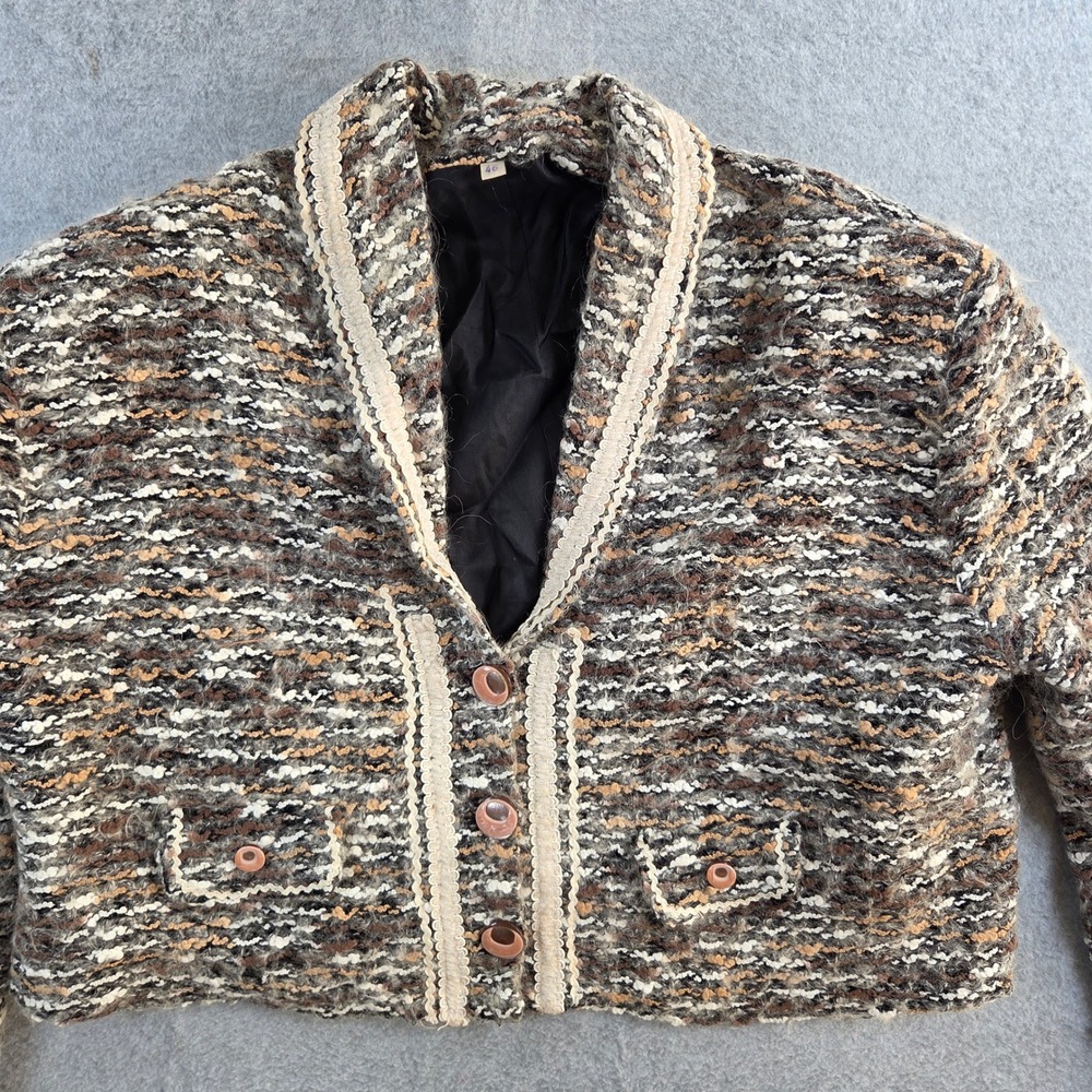 Vintage Cropped Bouclé Jacket Women Size 46 Brown Tan Tweed Ric-Rac Trim